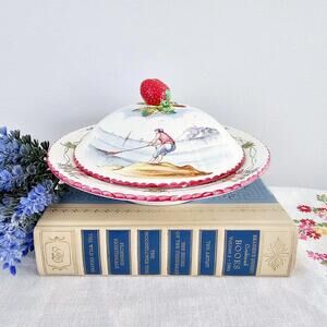 Vintage French Warming Plate Bowl With Lid Nautical Design Strawberry Floral